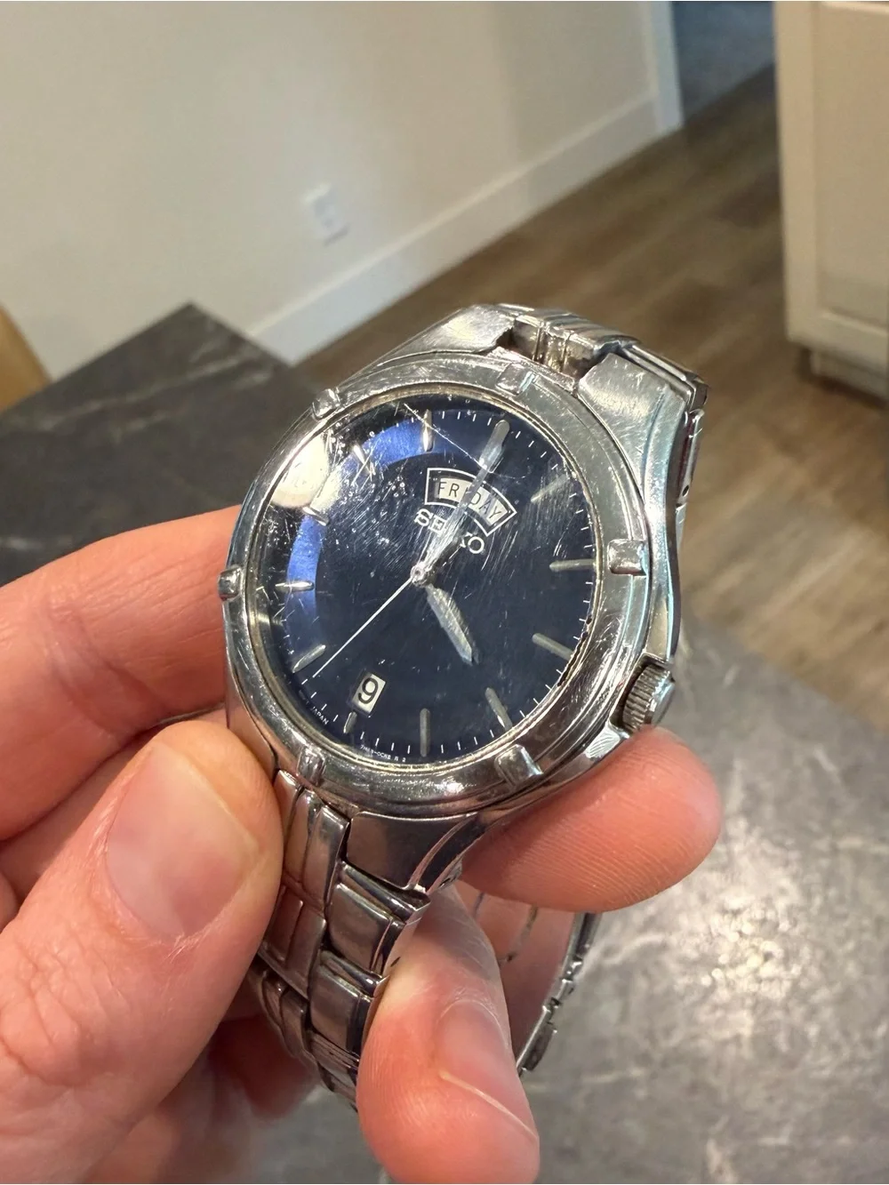 Seiko vintage 7N43-0BH0 men’s stainless steel watch blue face tested working